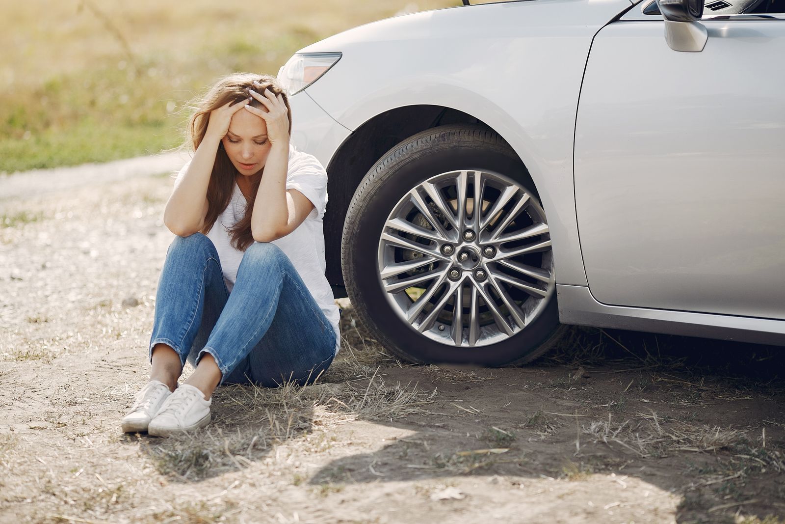 Worried driver sitting on the ground beside her broken-down white car